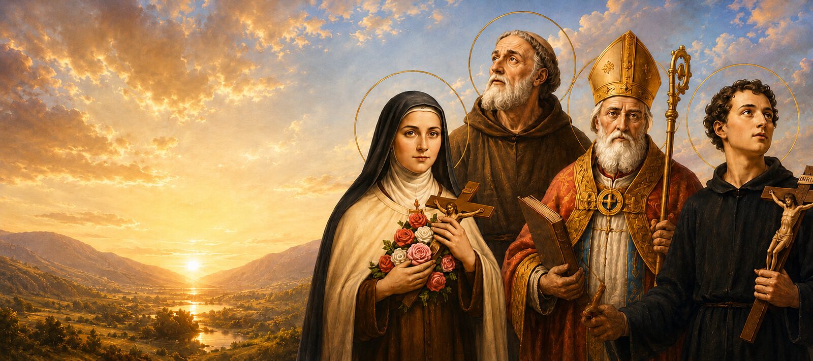A painting of saints before a sunrise valley — a Carmelite sister holding roses and a crucifix, a Franciscan friar, a mitred bishop with a crozier, and a young man holding a cross.